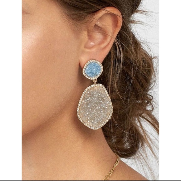 New Blue and White Druzy Crystal Earrings - Picture 2 of 3